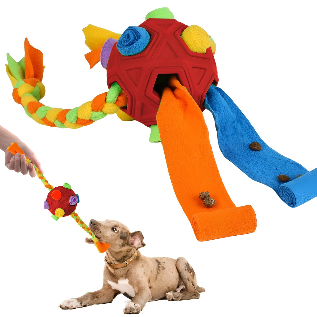 Bite-resistant pet sniffing ball dog puzzle toy for IQ training, shown in assorted colours including blue and redgreen.