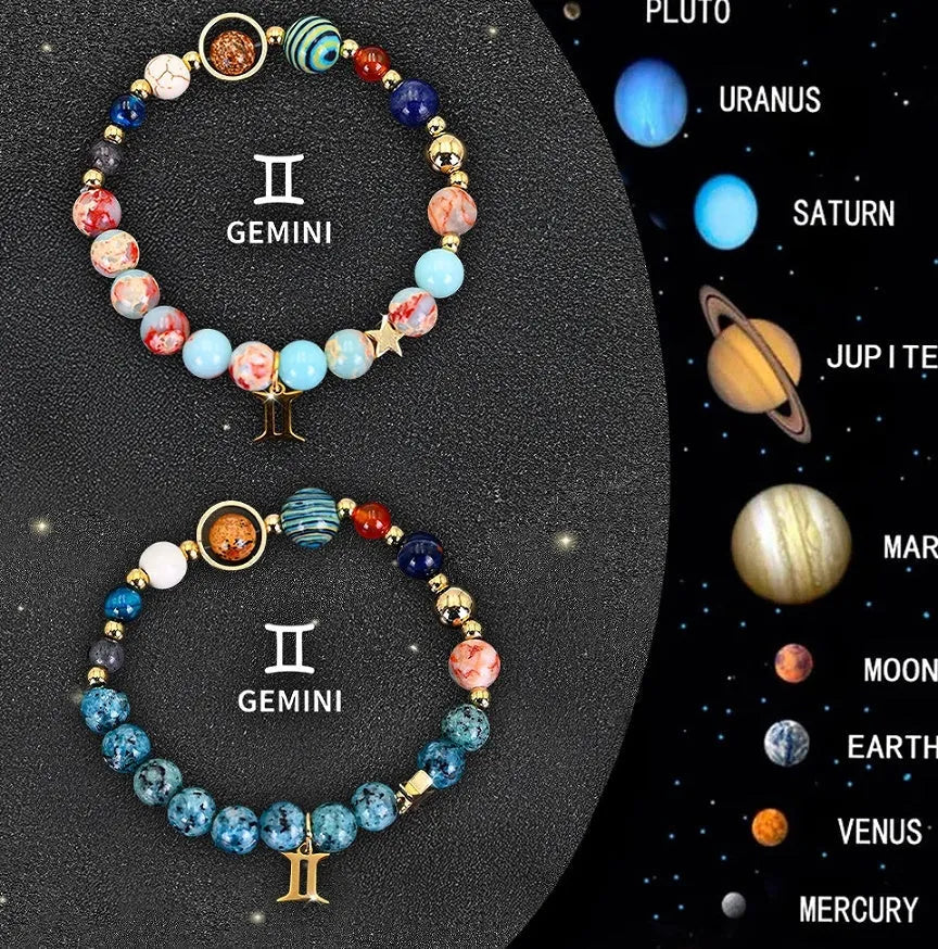 Set of two natural stone beaded bracelets for zodiac signs on a dark background.