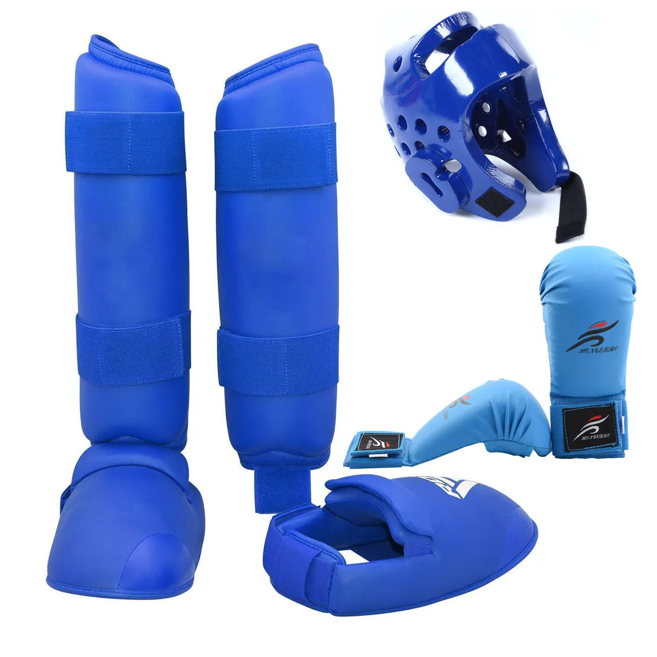 Blue karate protective gear set showing helmet, boxing gloves and leg guards for martial arts training