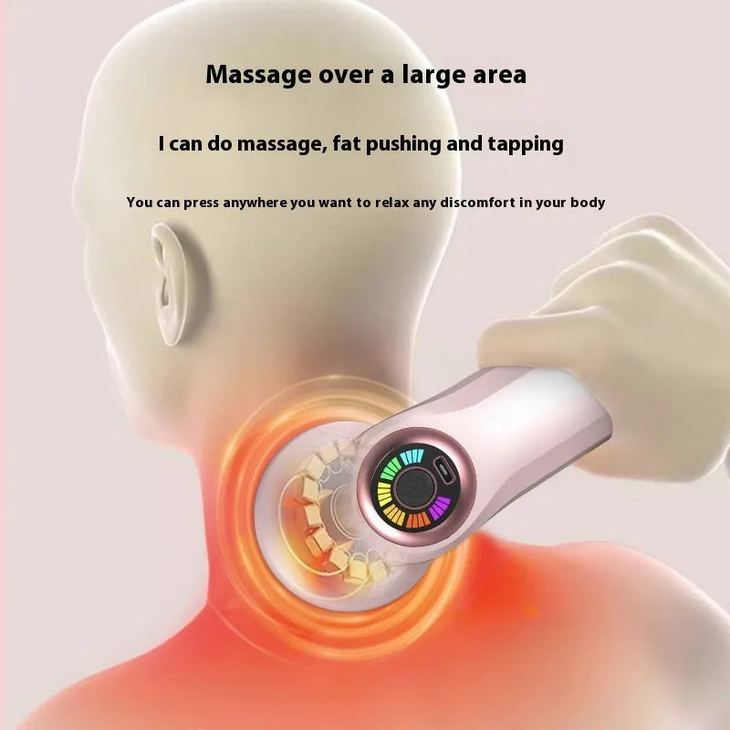A handheld pink electric massager for the neck, back, waist and legs with a USB charging port.