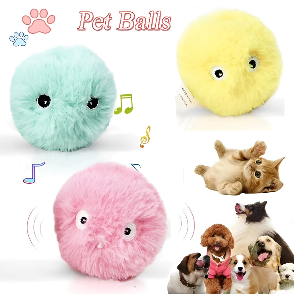 Interactive cat toy ball in blue, pink, and yellow colours with animal sound features