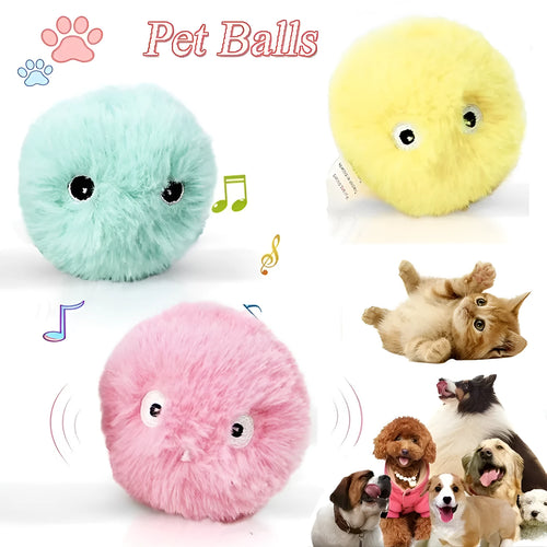 Interactive cat toy ball in blue, pink, and yellow colours with animal sound features