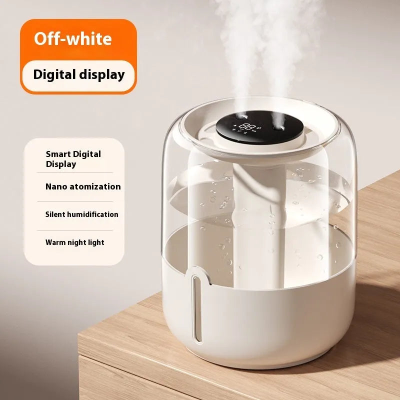 Round beige USB humidifier with digital display and dual mist nozzles