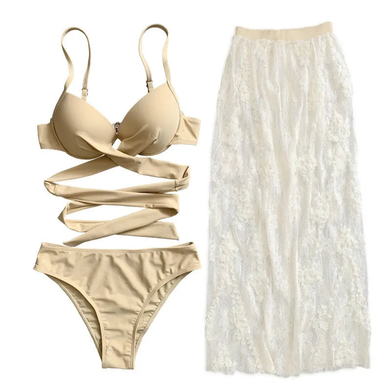 Sexy three-piece backless push-up bikini set in white with matching skirt