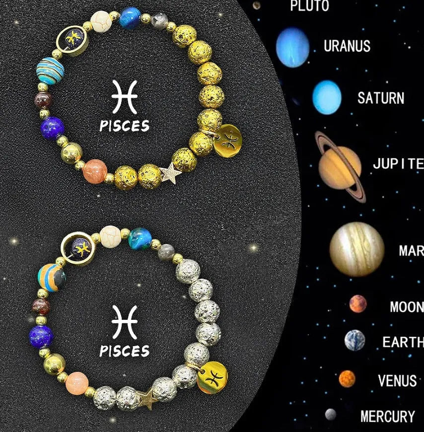 Two natural stone beaded bracelets showing zodiac sign charms on a wooden surface.
