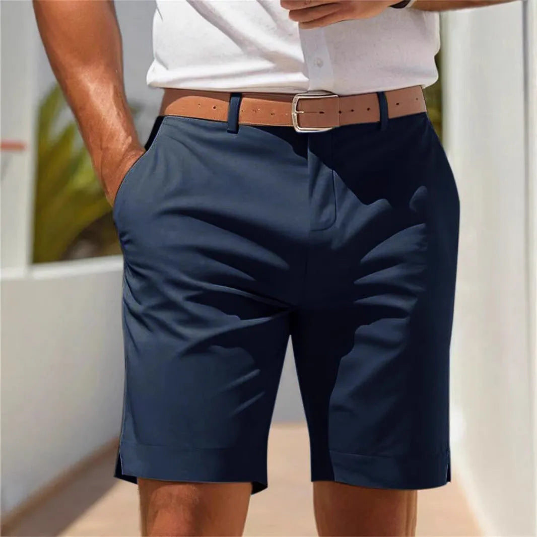 Men's straight-leg polyester business casual shorts in light grey colour for summer office wear