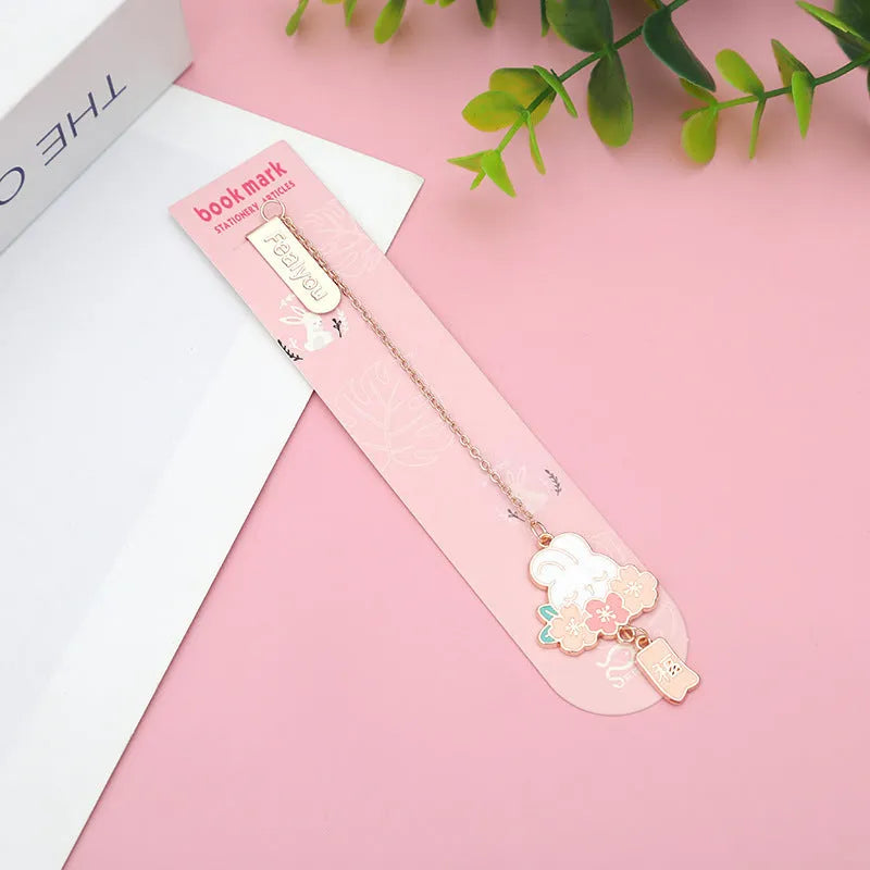 Metal pendant bookmark with cherry blossom cat and rabbit cartoon designs for books and journals