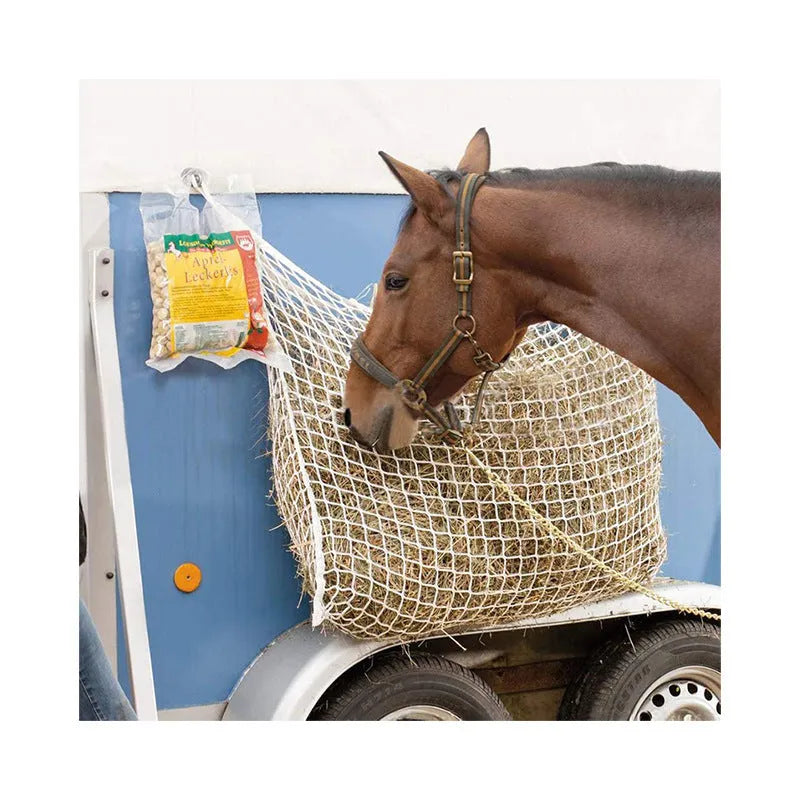 Woven PE rope livestock feeding bag hanging with grid design for cattle horses sheep