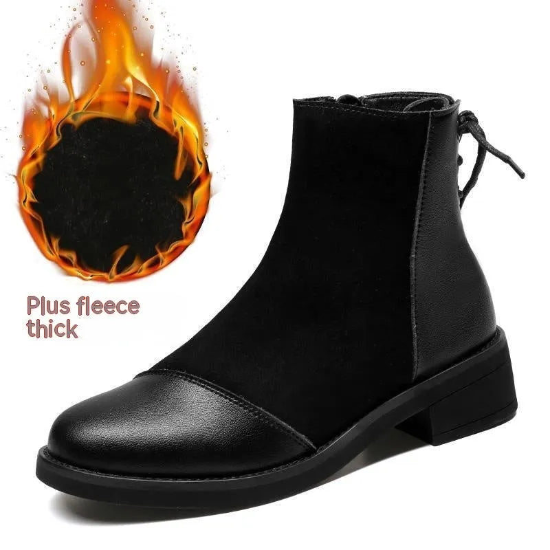 Black women's knee-high soft leather martin boots with side zip and bow detail.