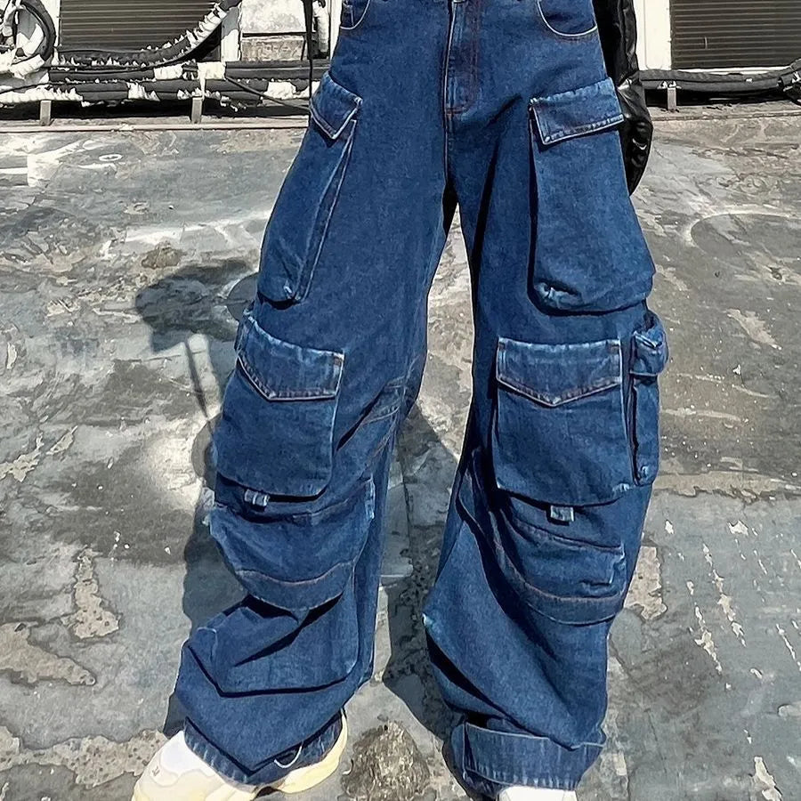Dark blue distressed wide-leg women's jeans with high waist and multiple utility pockets