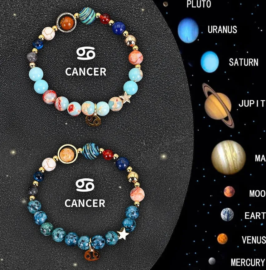 Set of two natural stone beaded bracelets for zodiac signs on a dark background.