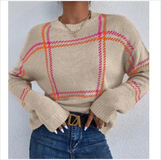 Women's casual plaid colour-block acrylic pullover sweater in loose fit with regular sleeves