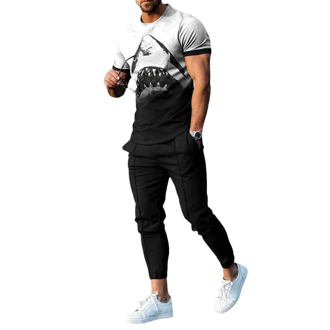 Men's short-sleeved pullover and trouser set in chemical fibre blend fabric for sports