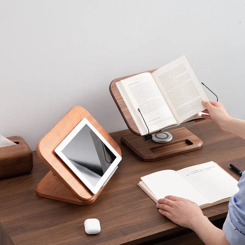Walnut wood adjustable reading rack holding a book and tablet on rotating mechanism