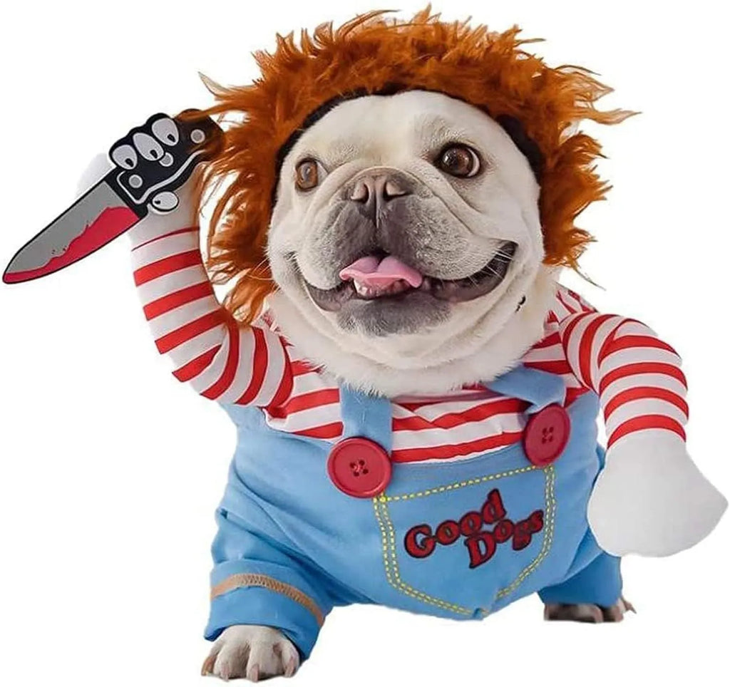 Striped Halloween harness costume set for a dog, showing pants, adjustable chest harness, and soft knife with bow tie.