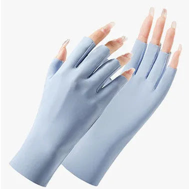 Thin beige women's sunscreen gloves with UPF50+ protection on a hand.