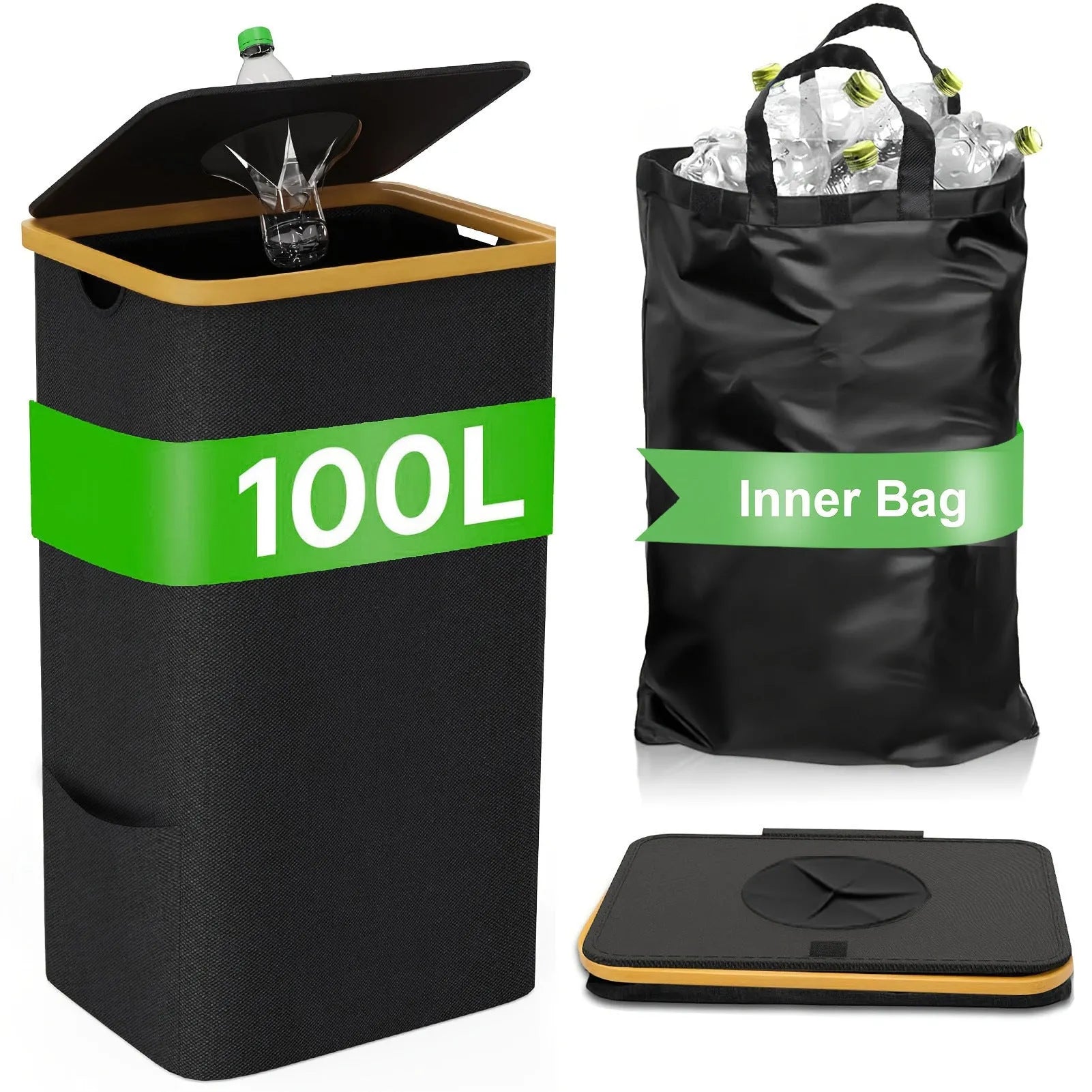Black bamboo laundry basket with removable lid showing dual inner pockets and ventilation holes
