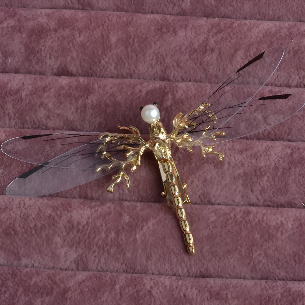 Golden dragonfly side clip headdress with alloy construction and electroplated finish