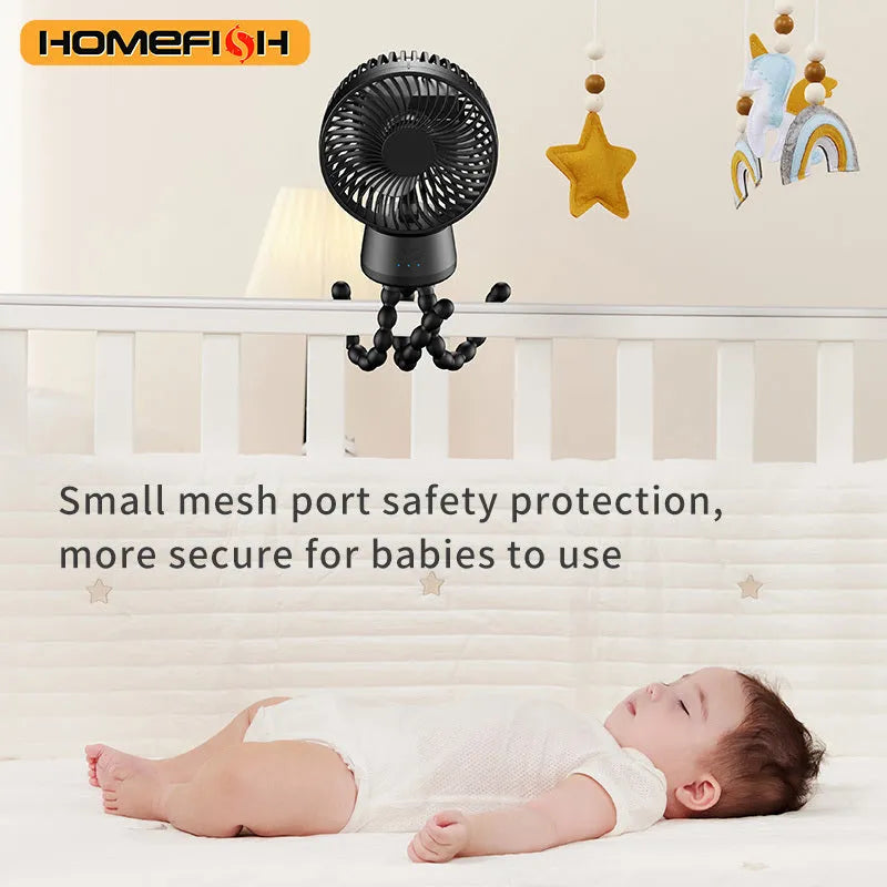 HOMEFISH F2 automatic shake head handheld fan with LED light on removable bracket.