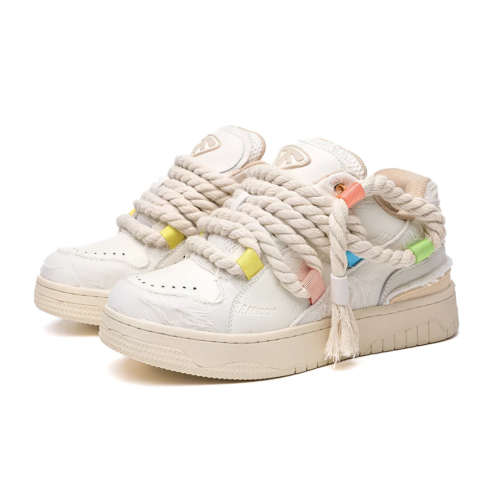 Creamy white Old Damage retro lace-up skateboard shoes with platform sole on a plain background.