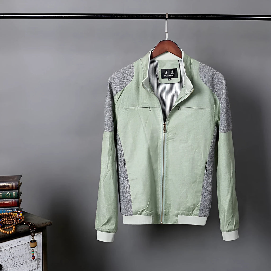 Men's thin blue cotton linen jacket in regular fit on a hanger.