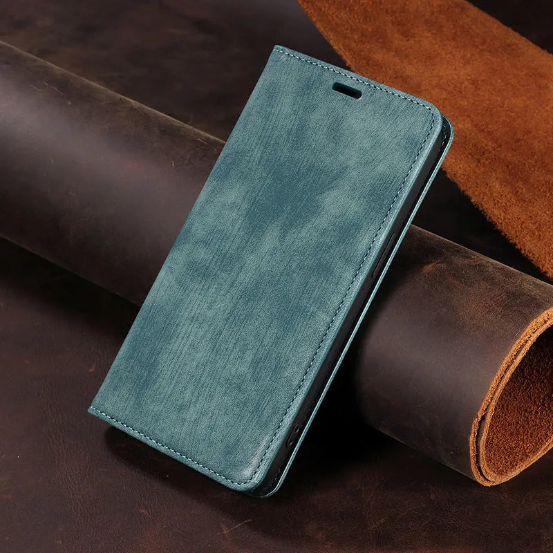 Magnetic flip leather phone case for iPhone shown in grey colour, displaying front cover closed.