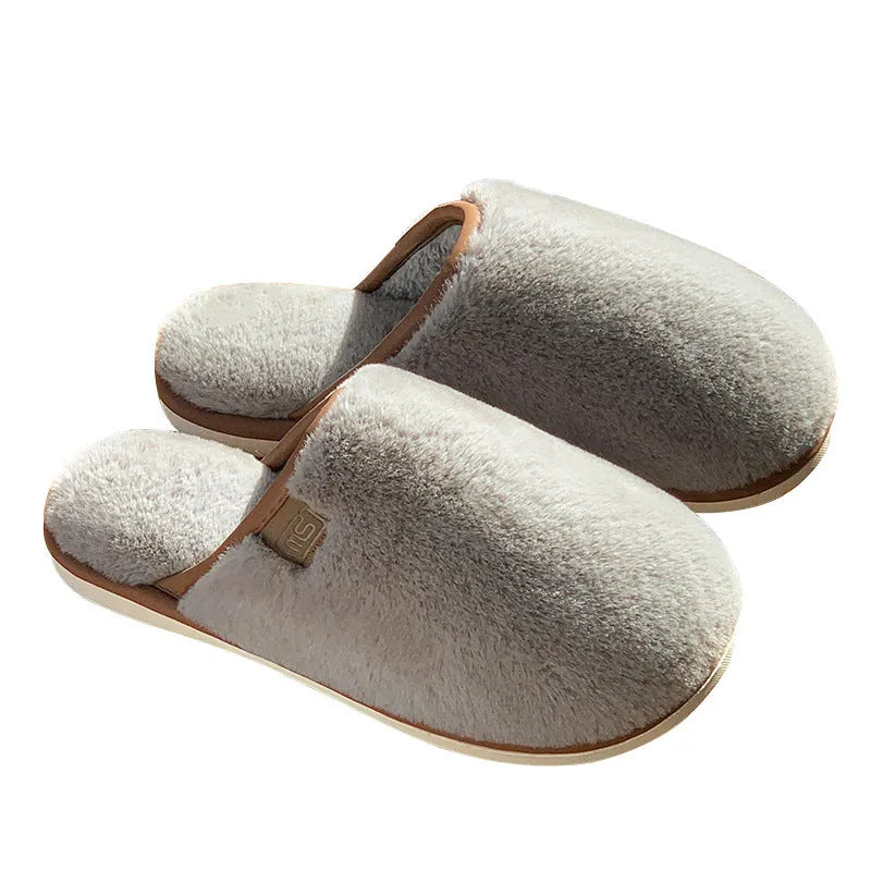 Solid colour winter plush house slippers with non-slip PVC sole in blue, brown, coffee, pink, or white