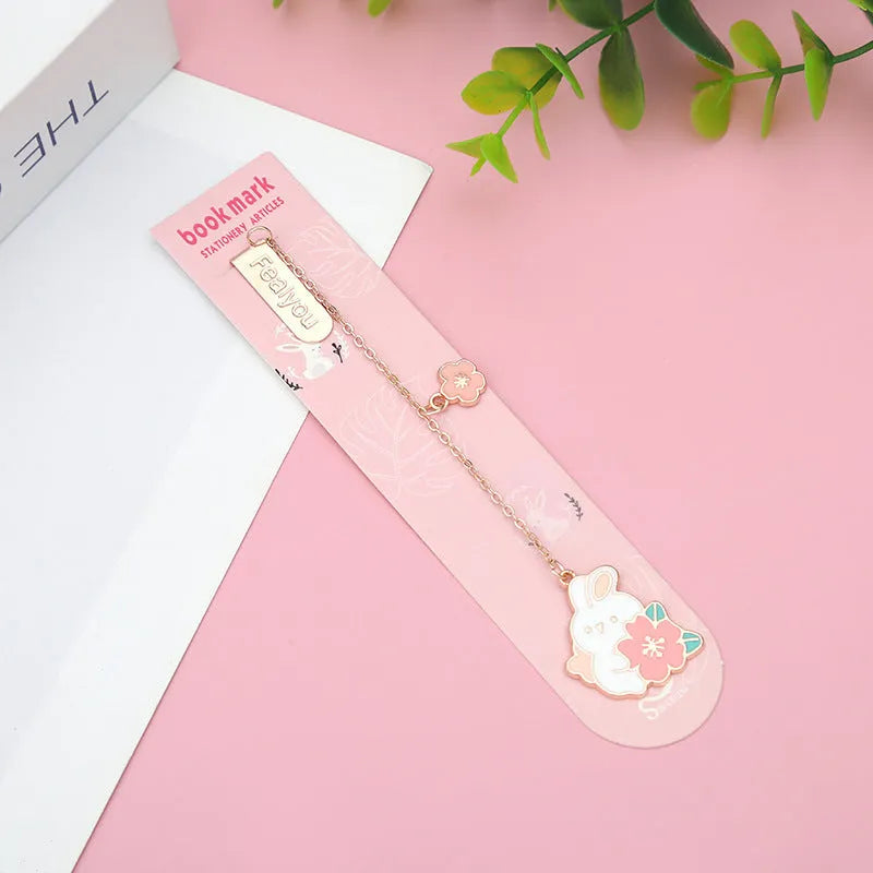 Metal pendant bookmark with cherry blossom cat and rabbit cartoon designs for books and journals