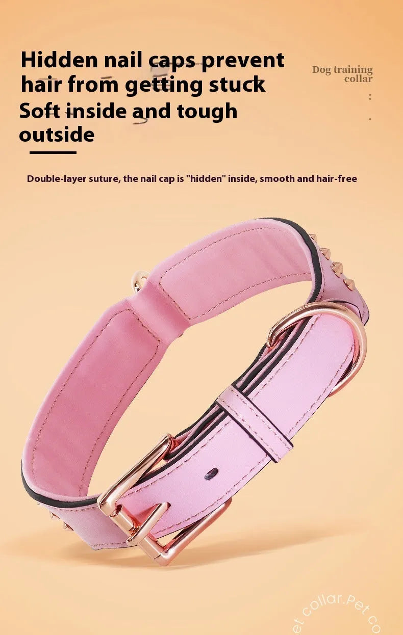 Leather dog collar with flat metal rivets in black, chocolate or pink for bite protection
