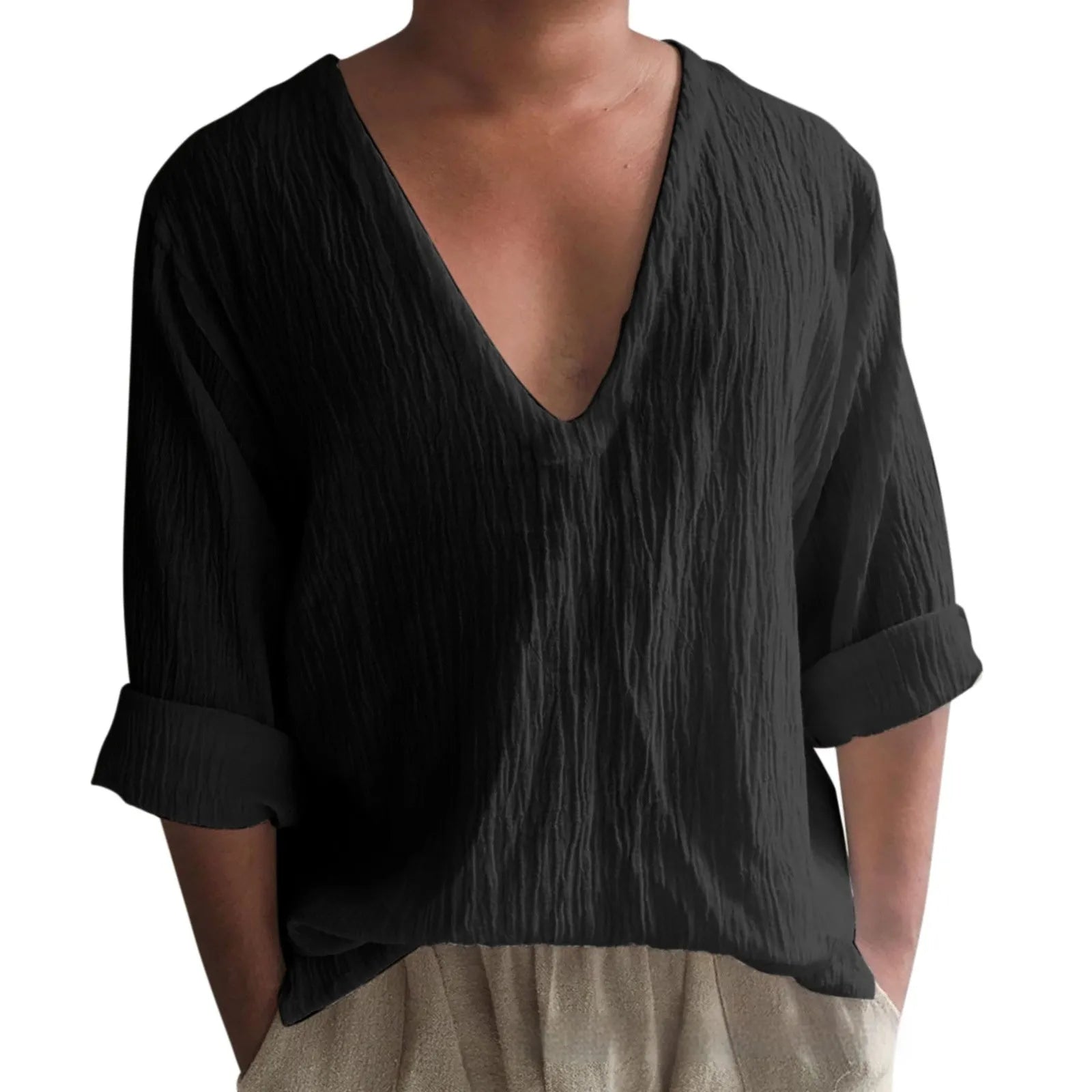 Men's long sleeve V-neck washed cotton t-shirt in solid colour British style pullover design