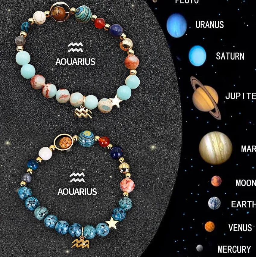 Set of two natural stone beaded bracelets for zodiac signs on a dark background.
