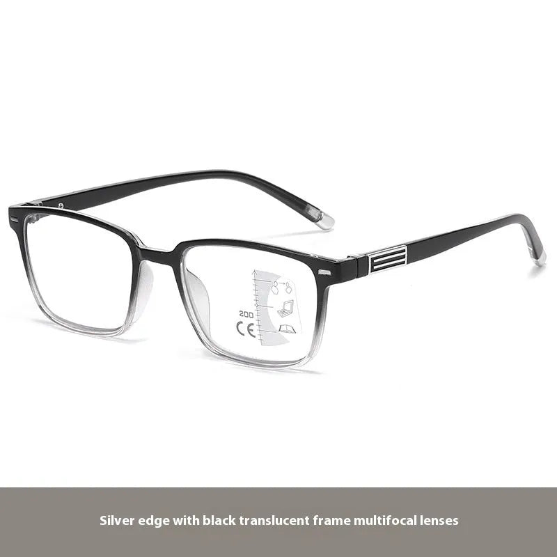 Multifocal reading glasses with colour changing, anti-blue light PC lenses in a black and silver frame style.