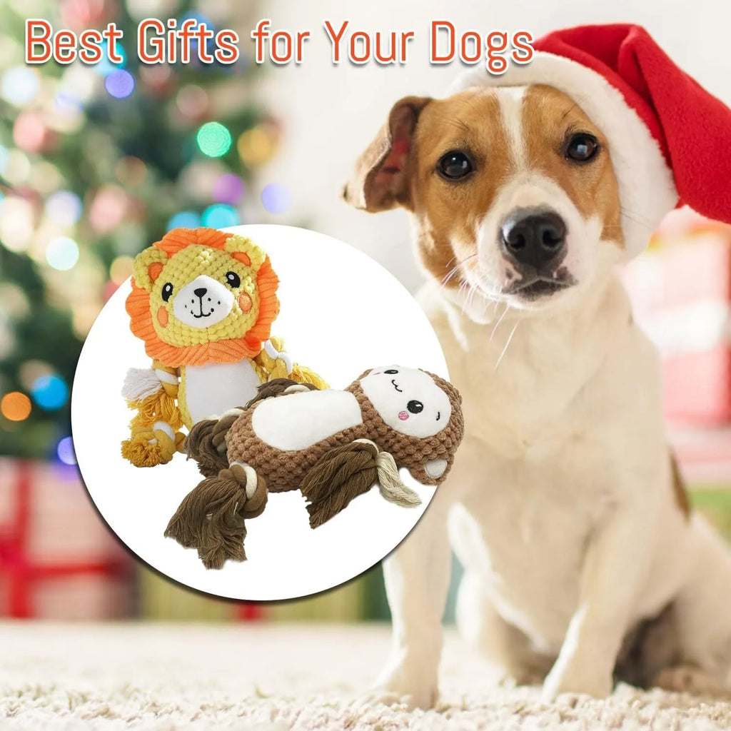 Lion and monkey plush squeaky dog toys showing size difference, with measurement indicators