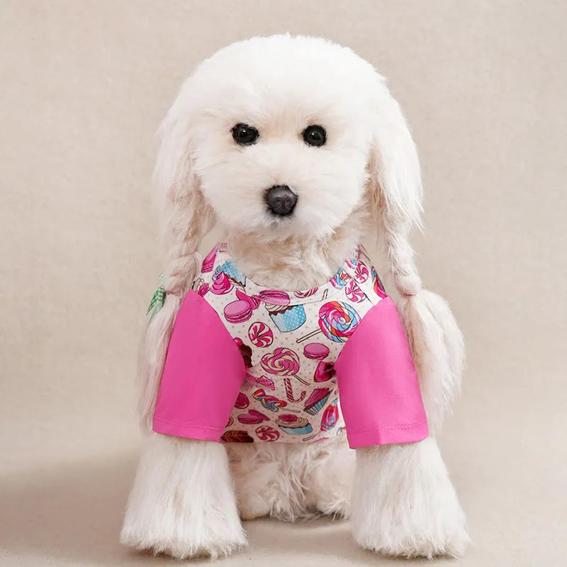 Small dog wearing full print polyester T-shirt clothing in casual style with measured bust and back length
