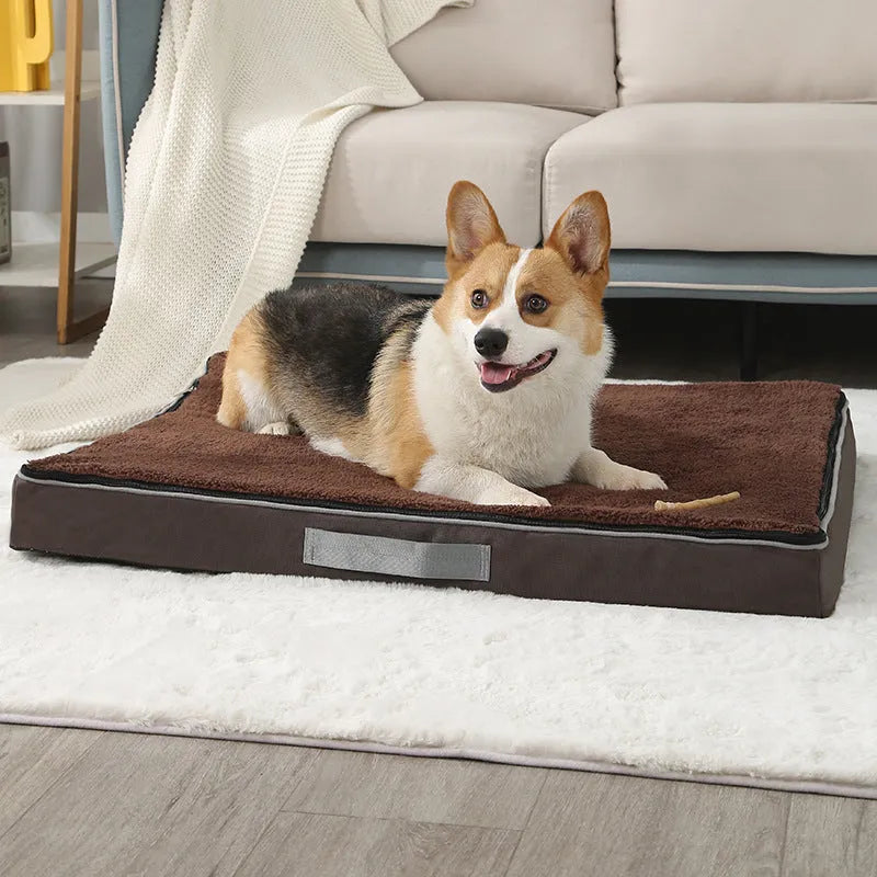 Removable washable memory sponge dog mat in khaki colour, showing thick sponge construction and rectangular shape.