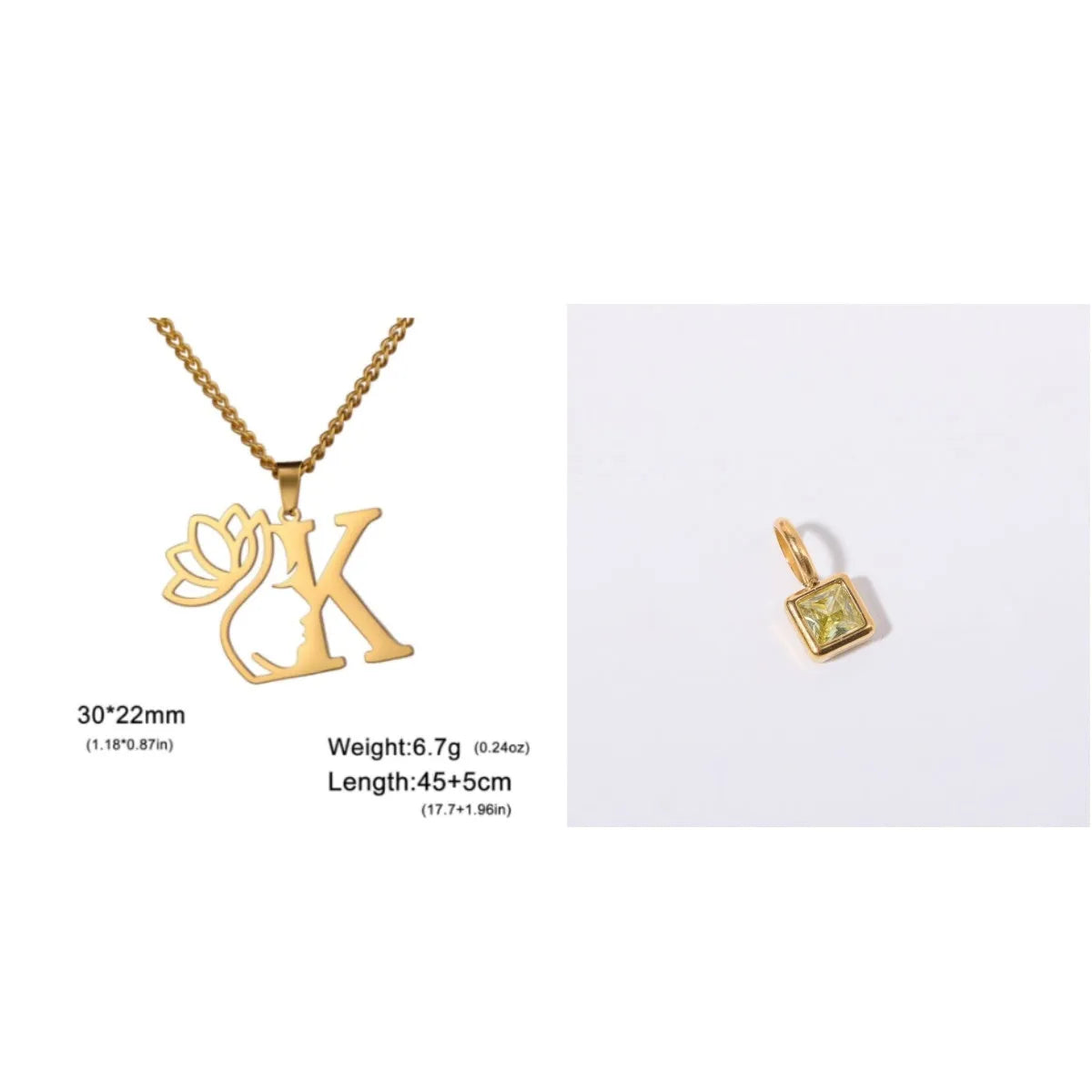 Stainless steel necklace with cross chain and a single letter pendant in gold or silver finish.