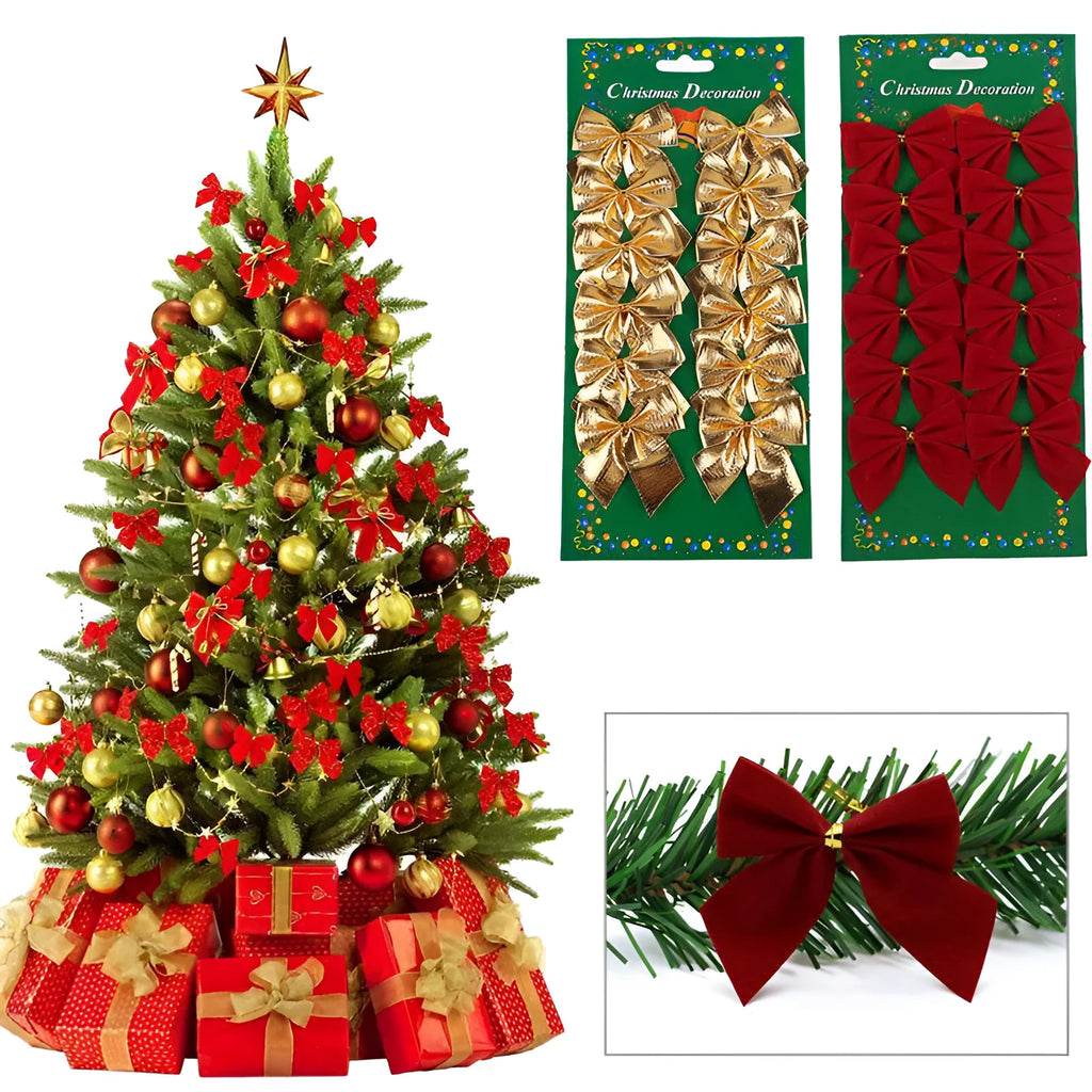 Red and gold 5 cm polyester Christmas decoration bow on a green tree branch.