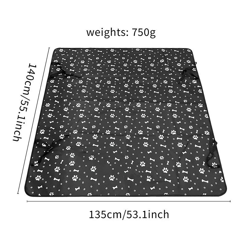 Grey car pet mat with dog bone print on rear car seat protecting upholstery