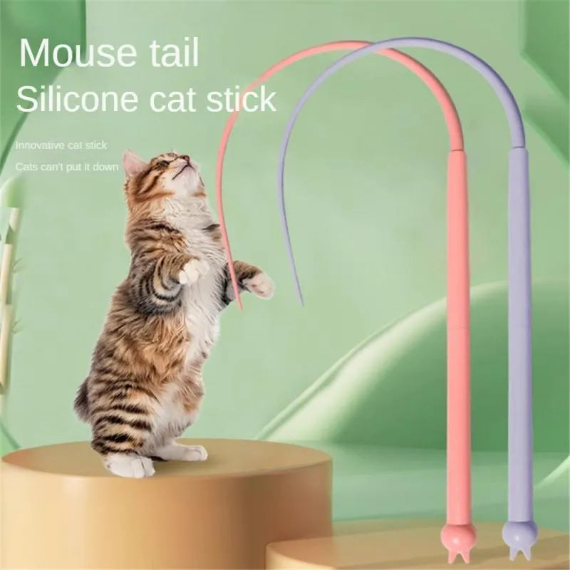 Blue silicone mouse tail cat teaser stick toy with cat head design, 80cm length