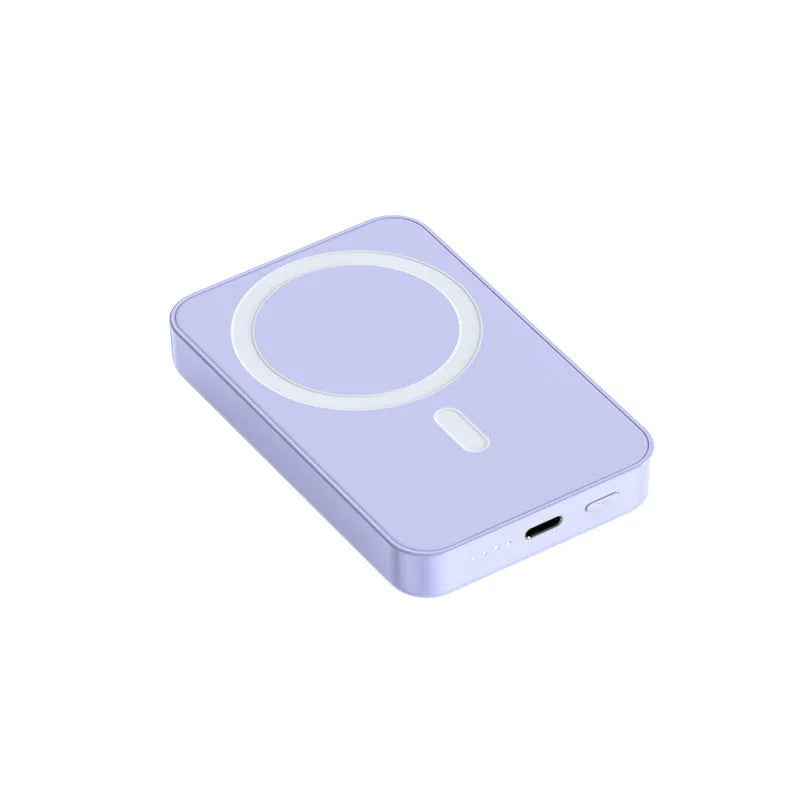 Pink, purple, and white magnetic wireless power bank showing compact 100x64x18mm size
