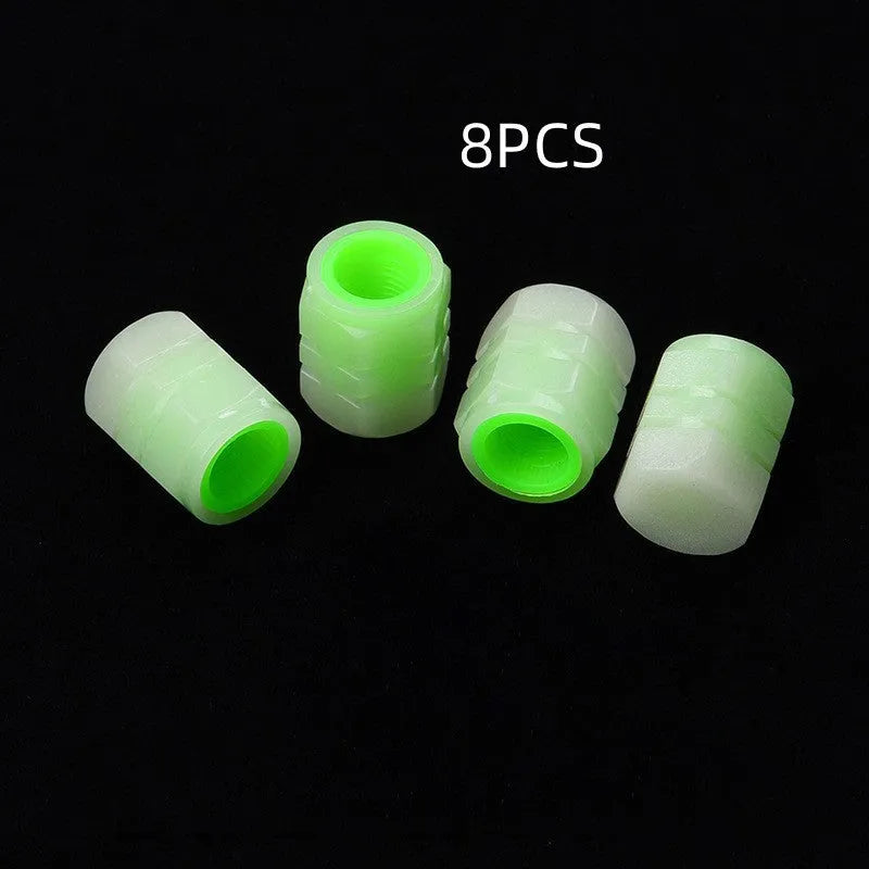 Rubber car tyre valve caps with glow-in-the-dark luminous nozzles, 16x12mm size.
