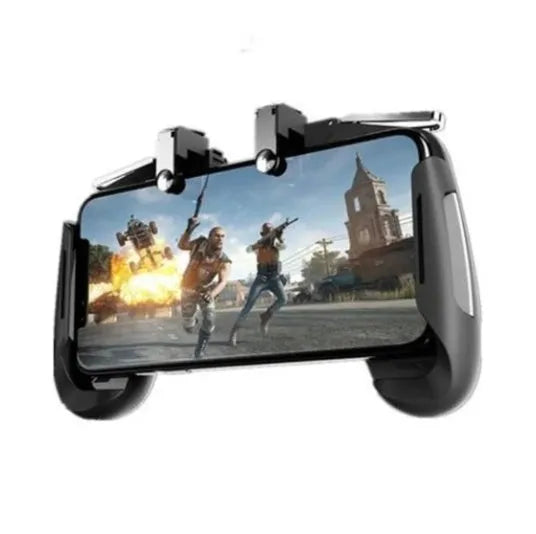 Multifunctional mobile game handle controller in black, blue, and white colours with adjustable grip