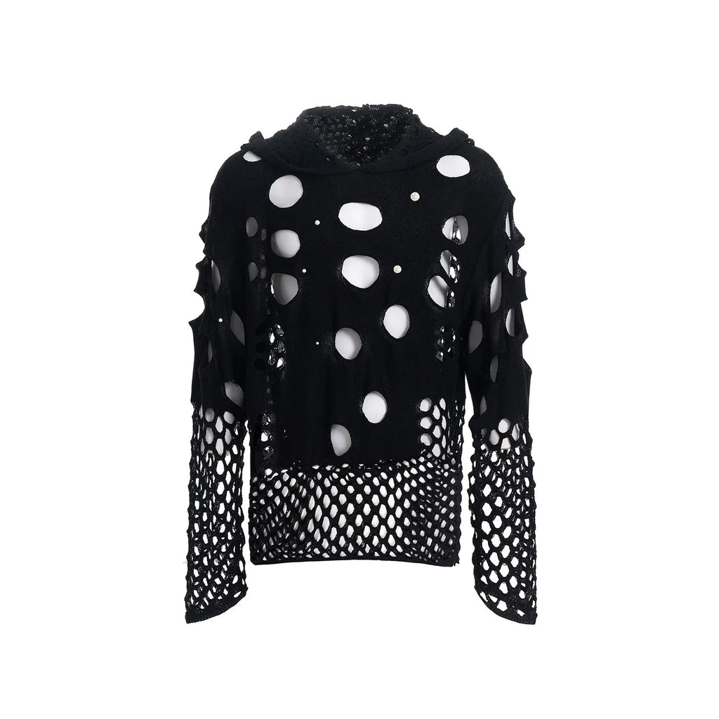 Men's black thin knit hoodie with pearl decorative detail and hood