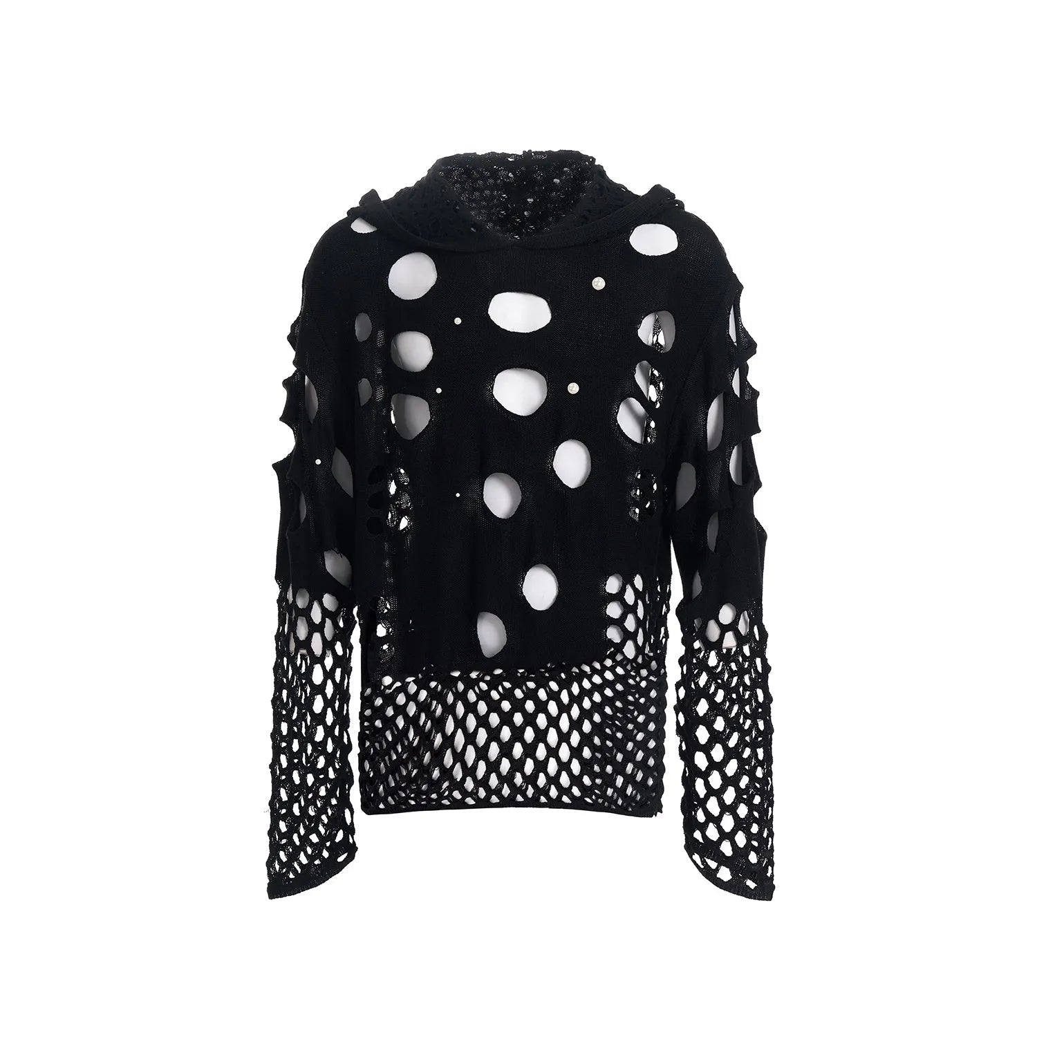 Men's black thin knit hoodie with pearl decorative detail and hood