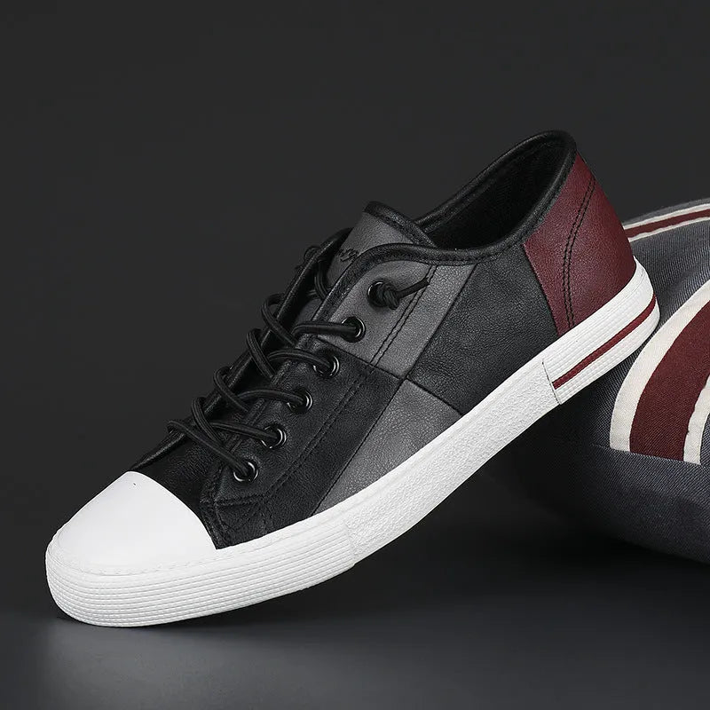 Men's colour matching leather shoes with elastic band and round toe in black and white design