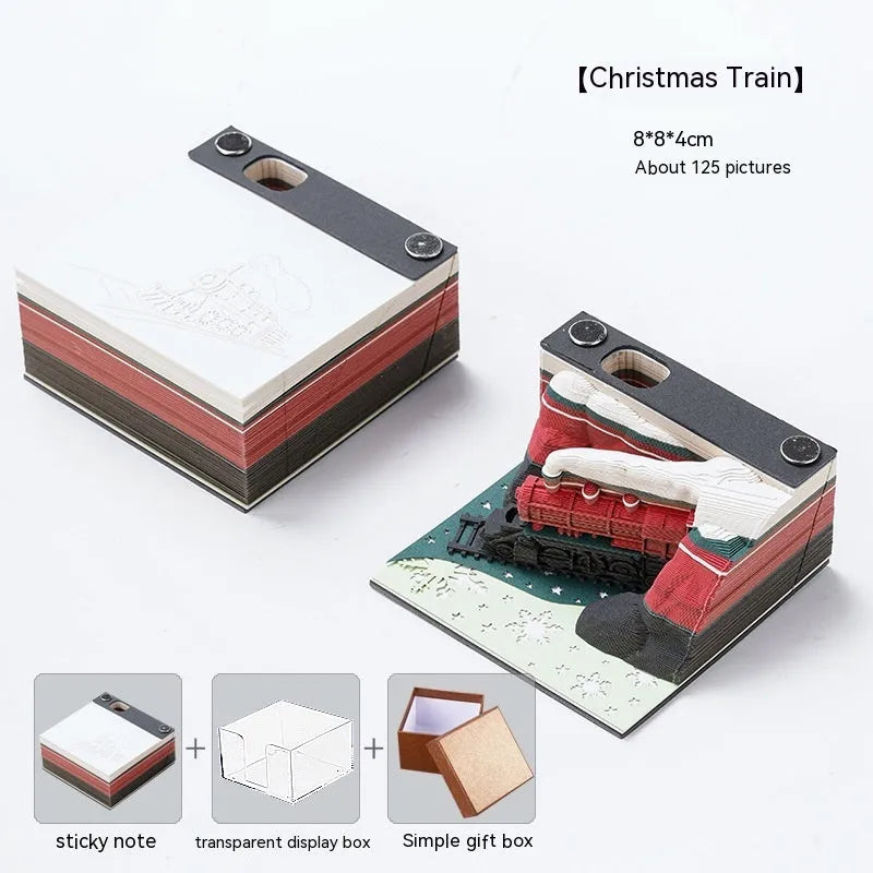 3D sticky notes with layered paper carving Qingshui Temple design in Christmas train cover colour