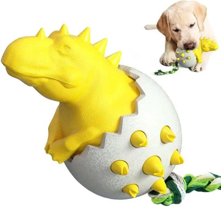 Durable rubber dog chew toy with rope attachment and dinosaur design for aggressive chewers