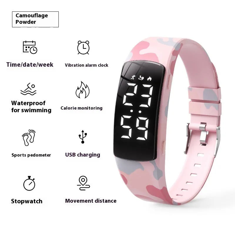 Vibration alarm smart watch with LED display on a silicone strap, shown in a choice of colours.