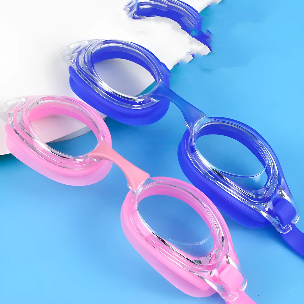 Black frame prescription swimming goggles for myopia with anti-fog lenses and a storage case.