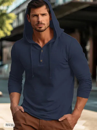 Men's dark blue cotton pullover hoodie with long sleeves on a mannequin